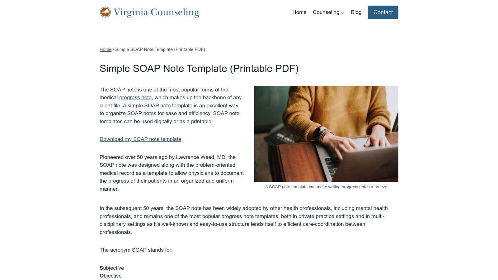 Virginia Counseling's Simple SOAP Note Template
