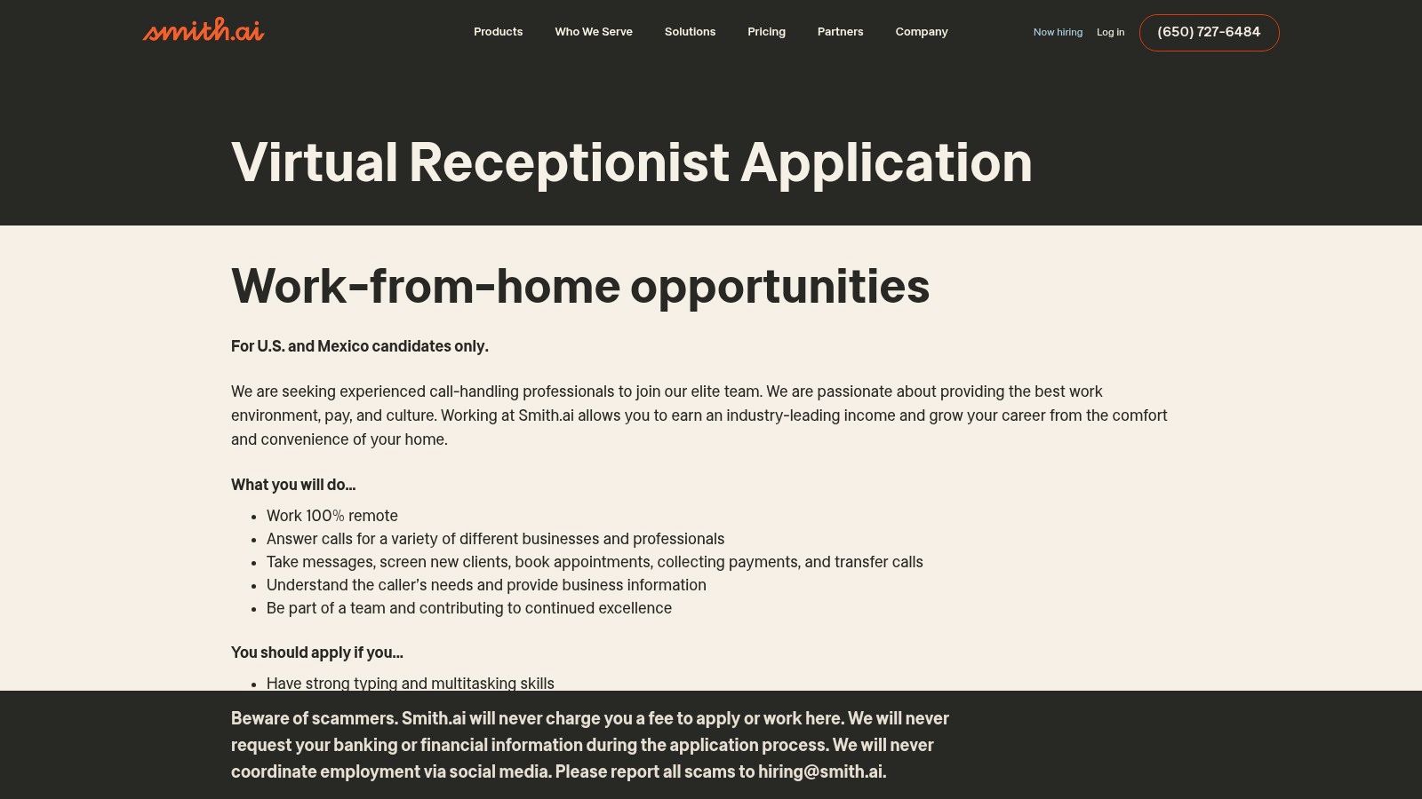A screenshot of the Smith.ai virtual receptionist careers page, showing job details and benefits.