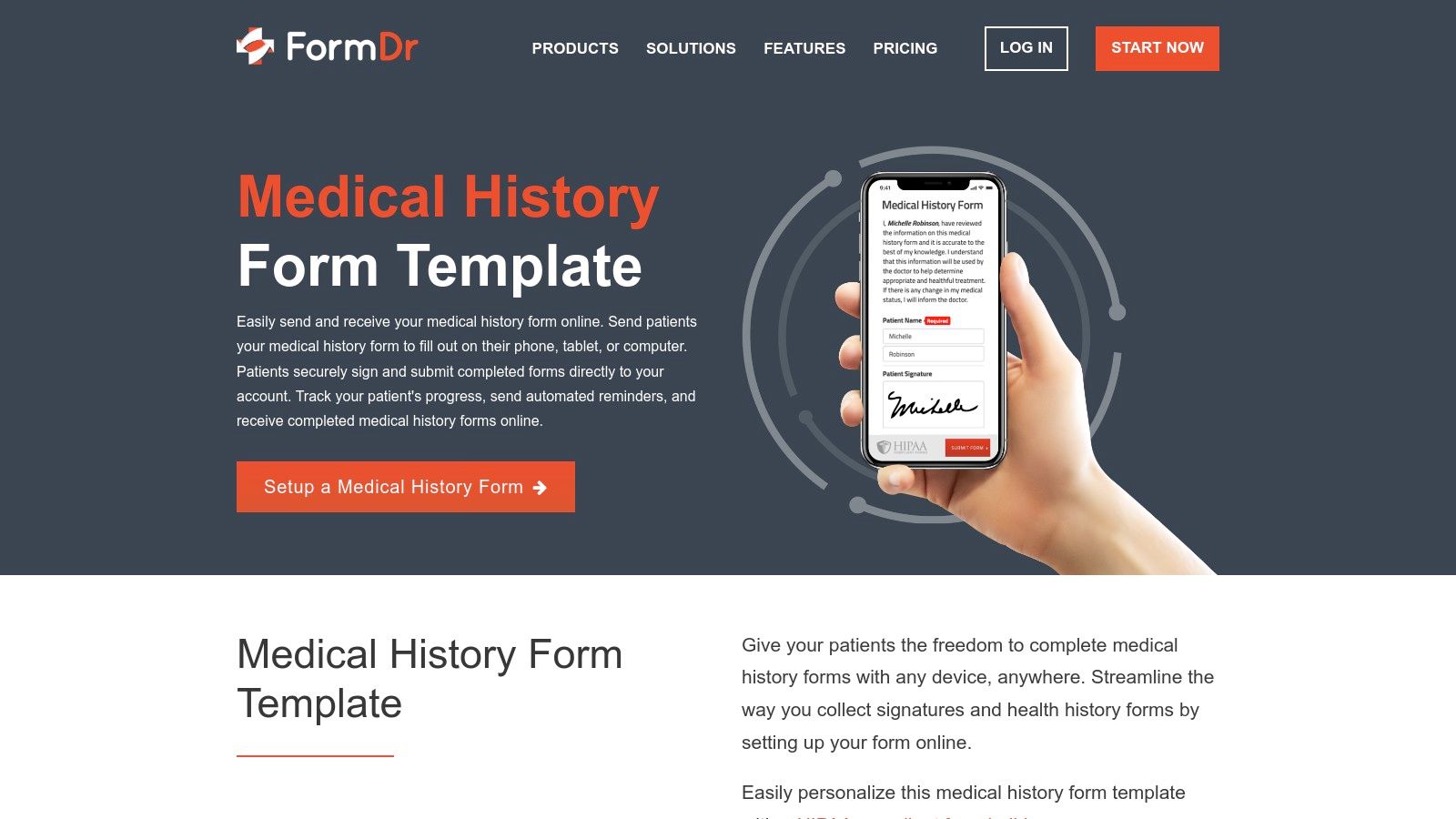 FormDr's interface showing a medical history form with clean, organized fields for patient data entry.