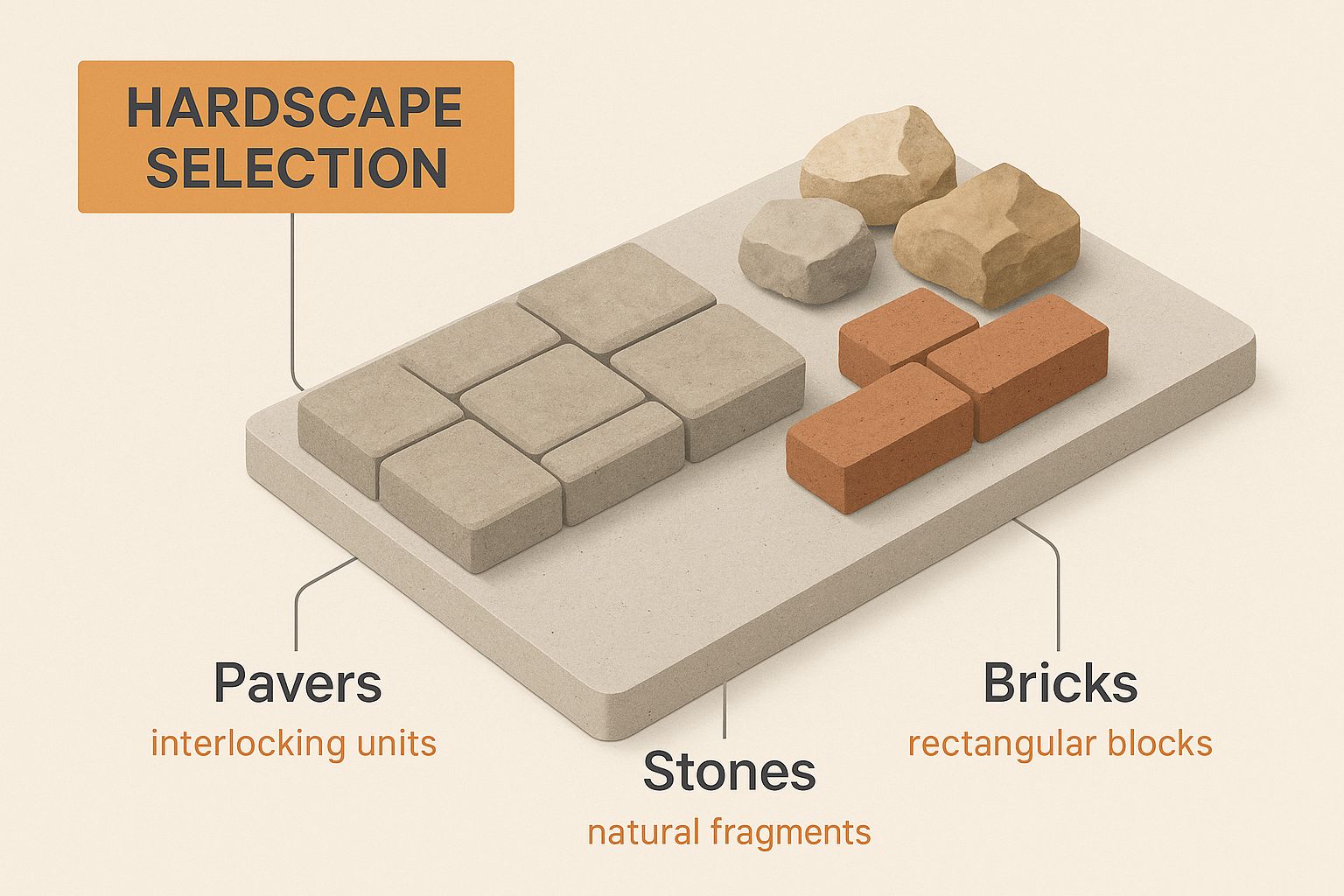 Diagram of a hardscape selection depicting layered pavers interlocking units, stones natural fragments, and bricks rectangular blocks.
