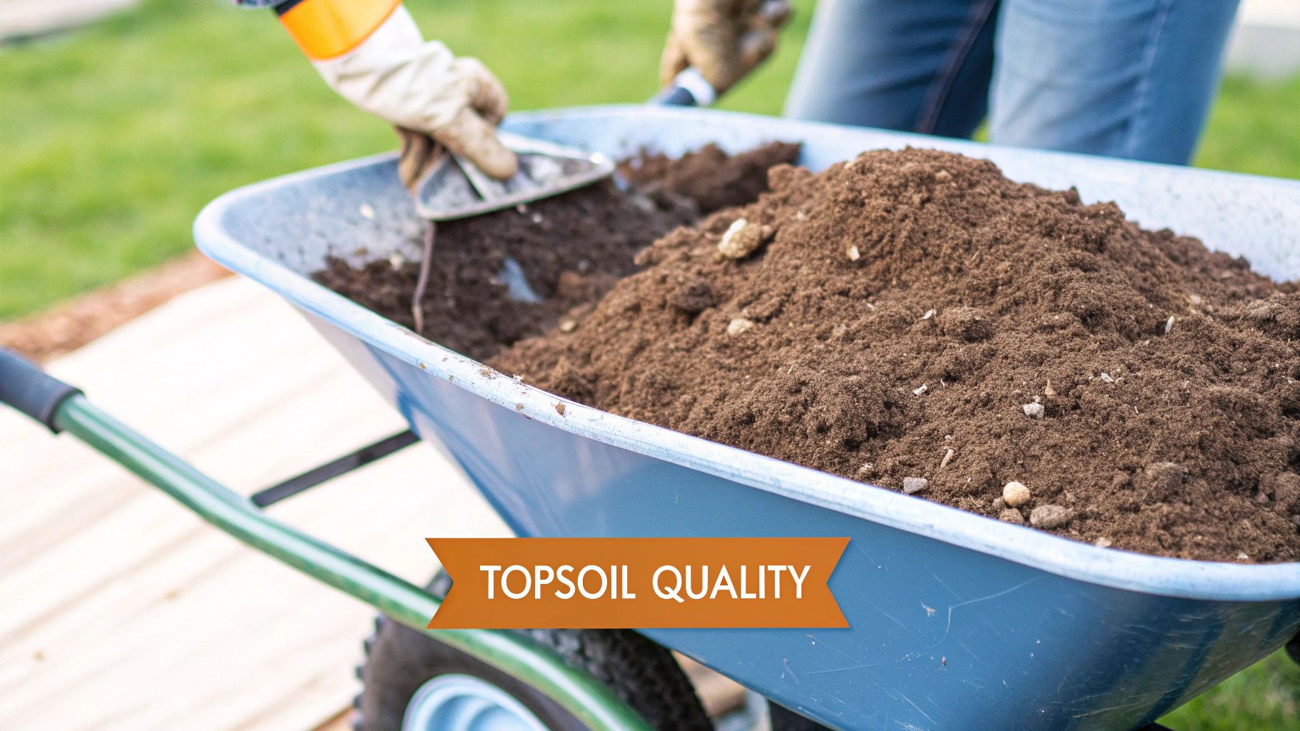 Image of dirt in a wheelbarrow with people around it.