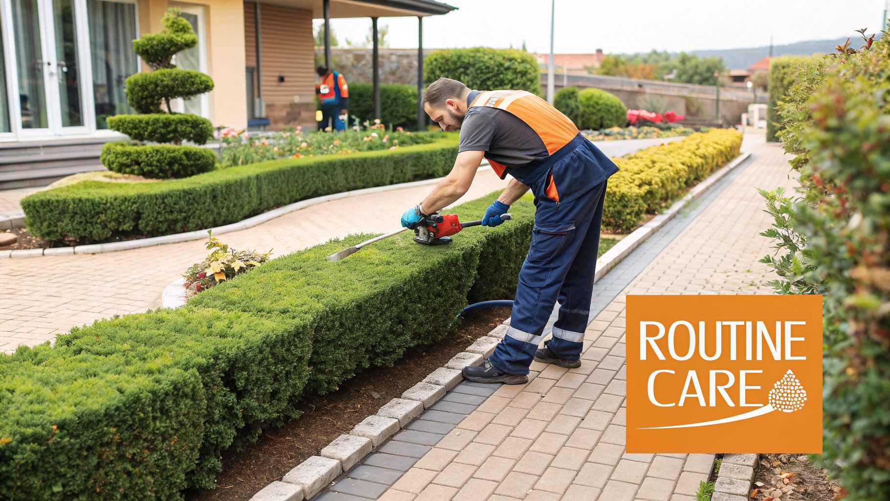 A paved walkway with a landscaper in hi-vis equipment trimming hedges.