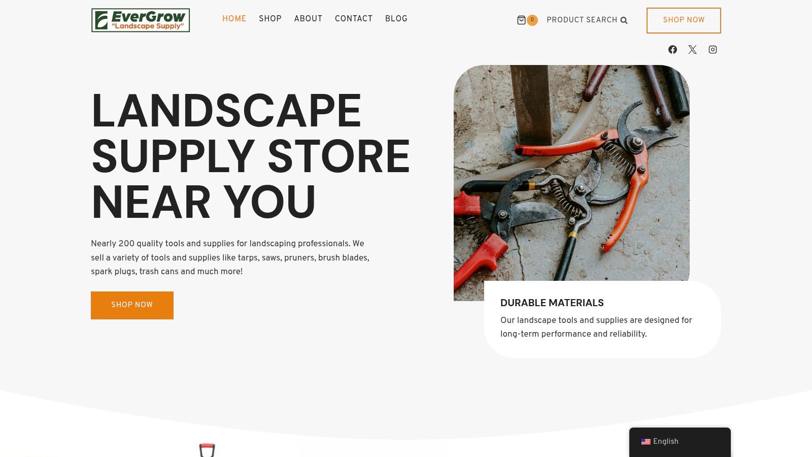 EverGrow Landscape Supply website showcasing their product categories and services for professional landscapers.