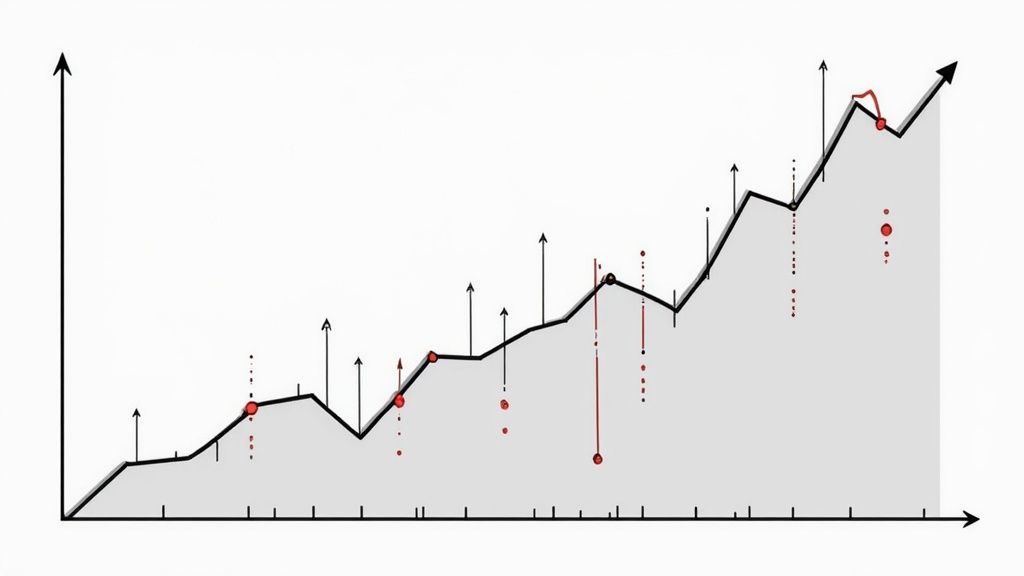 A chart showing an uptrend with support and resistance levels.