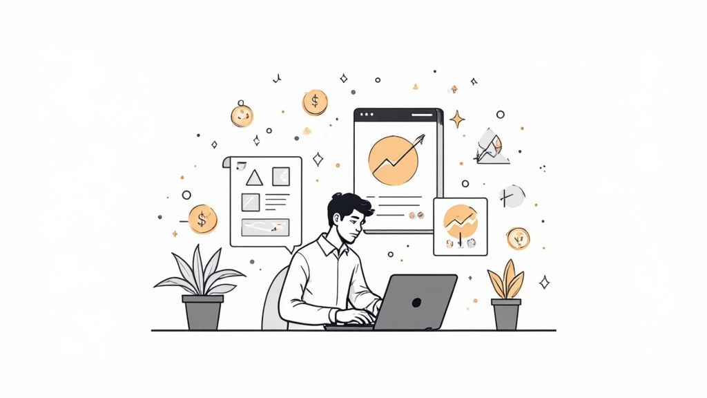 An illustration showing a person building a portfolio with different stock icons.