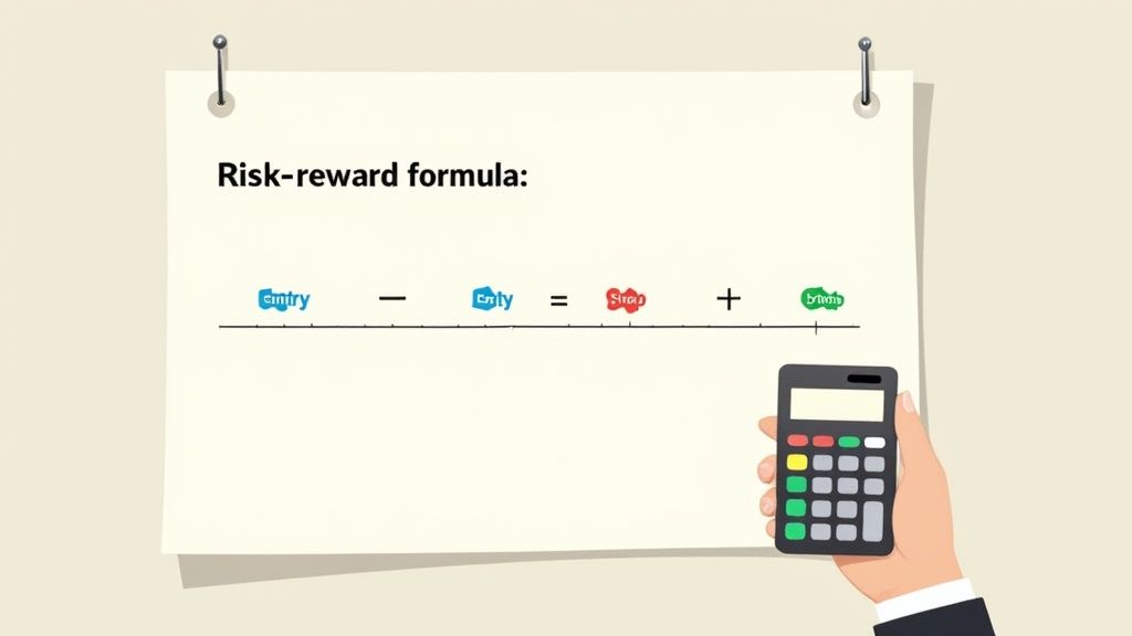 A visual representation of the risk-reward ratio formula with icons.