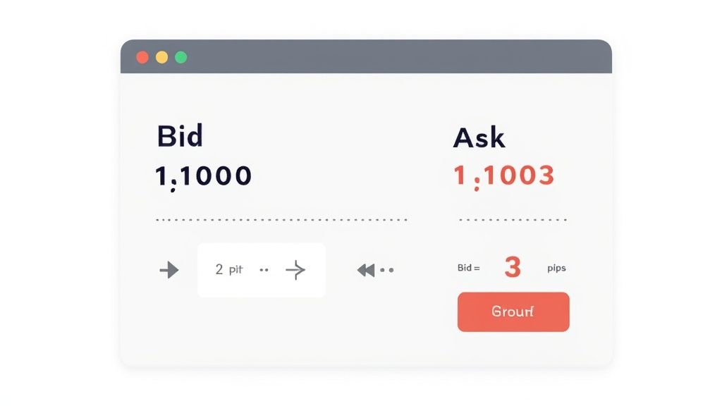 A trading chart showing a currency pair with the bid and ask prices clearly marked, visually explaining the concept of the spread.