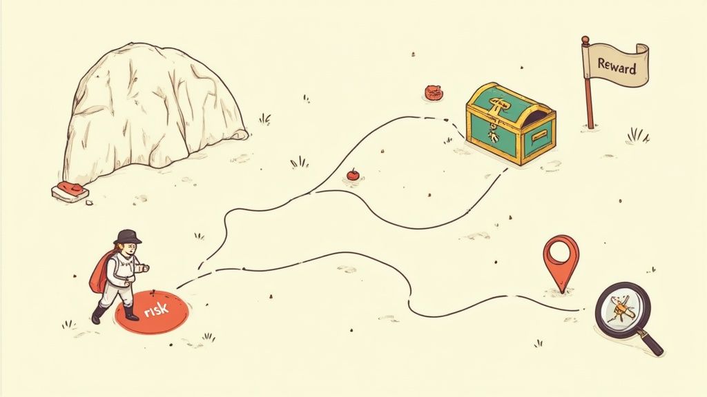 A chart showing a bullish trend with risk and reward levels marked.