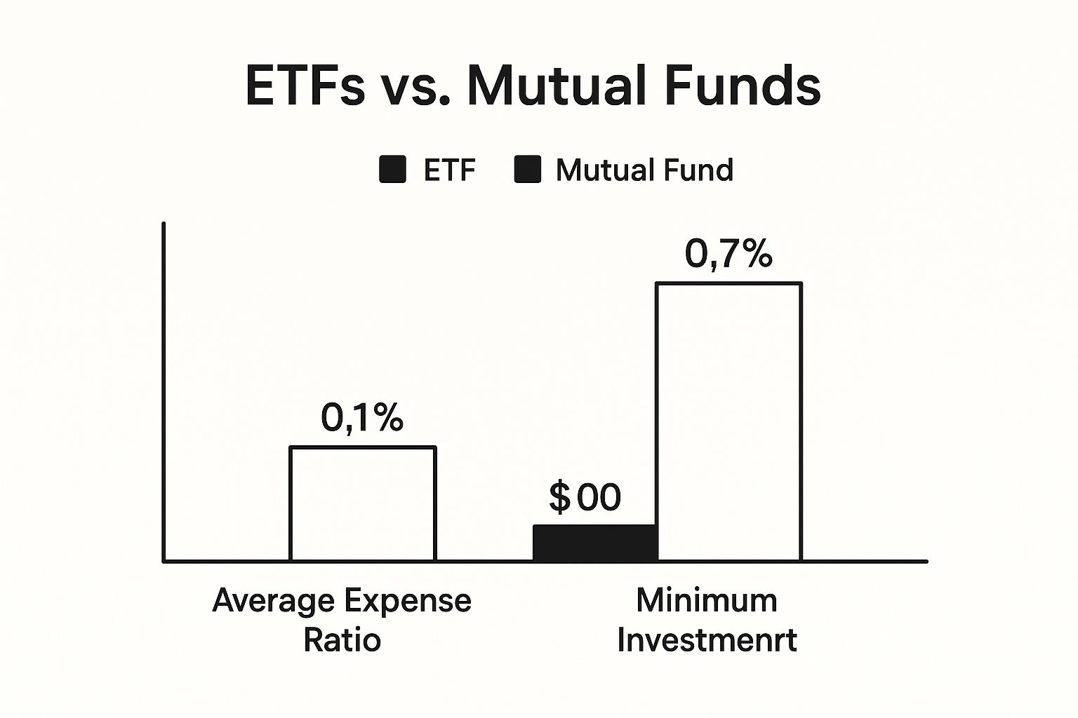 Infographic comparing average expense ratios and minimum investments for ETFs versus mutual funds.