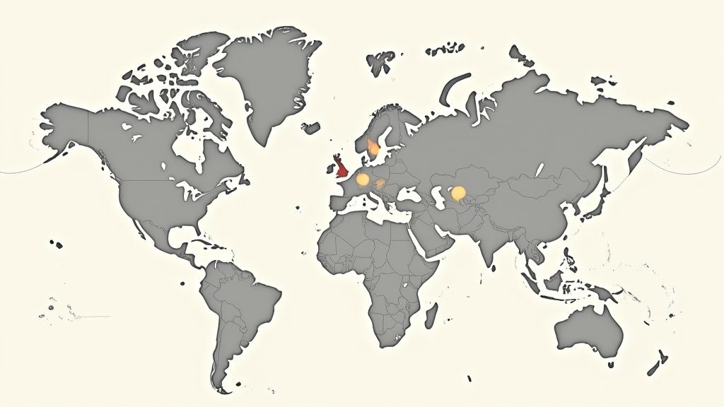 A world map with glowing nodes over major economic centers like the US, China, and Japan, representing global market capitalization.