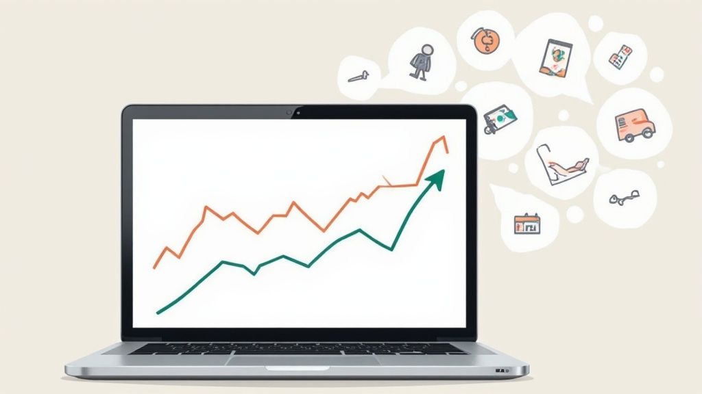 A person working on a laptop with stock market charts in the background