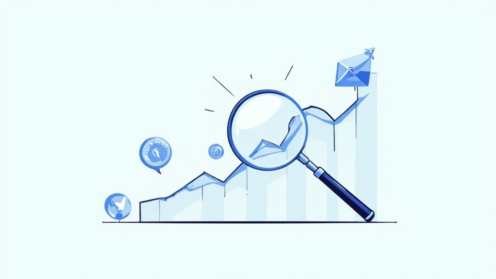 A magnifying glass hovering over a stock chart, highlighting a dividend payment icon.