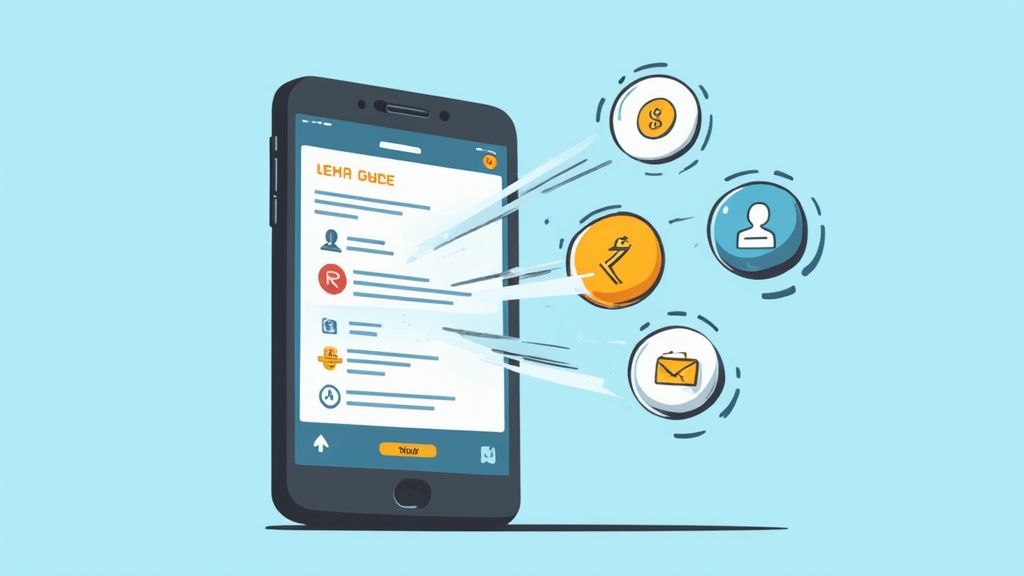A diverse group of young adults looking at a brokerage app on a smartphone together, with a clean and modern user interface visible on the screen.