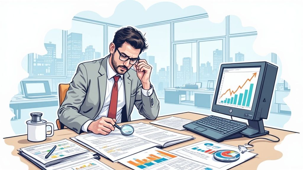 A financial analyst reviewing charts and data on a computer screen.