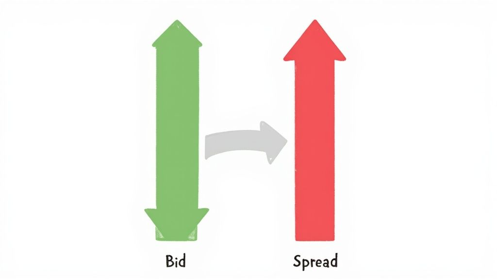 Diagram showing the bid and ask prices with a gap labeled as the spread
