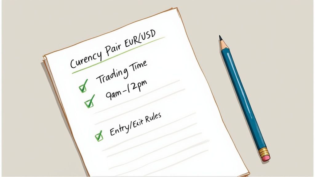 A person writing in a-notebook with financial charts and graphs in the background, symbolizing the creation of a trading plan.