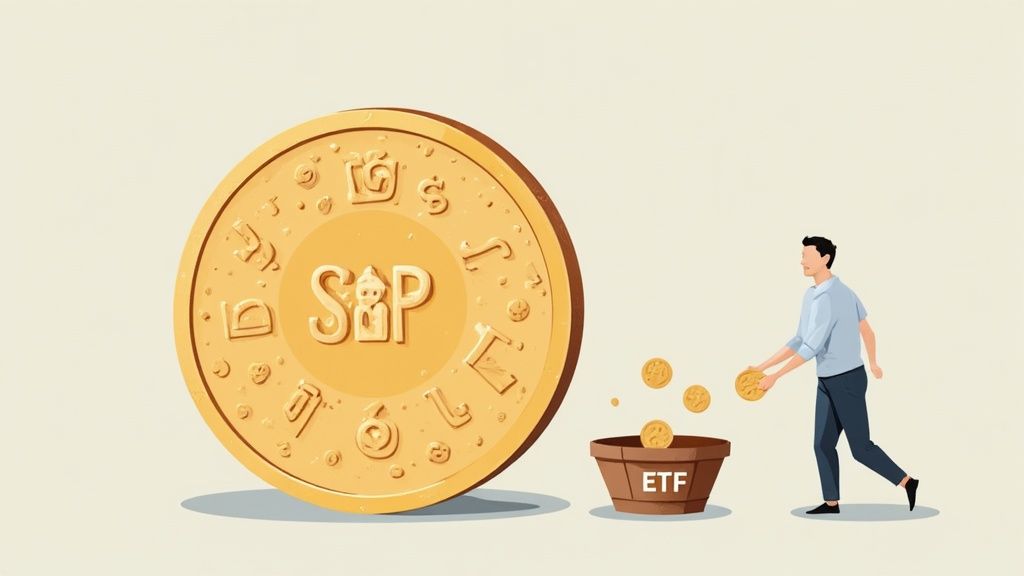 An illustration of a diverse investment portfolio with various icons representing different industries