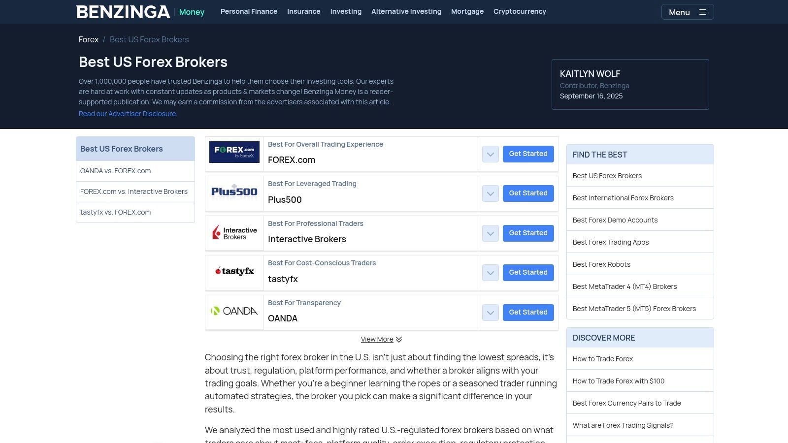 Benzinga (U.S. forex broker comparisons)