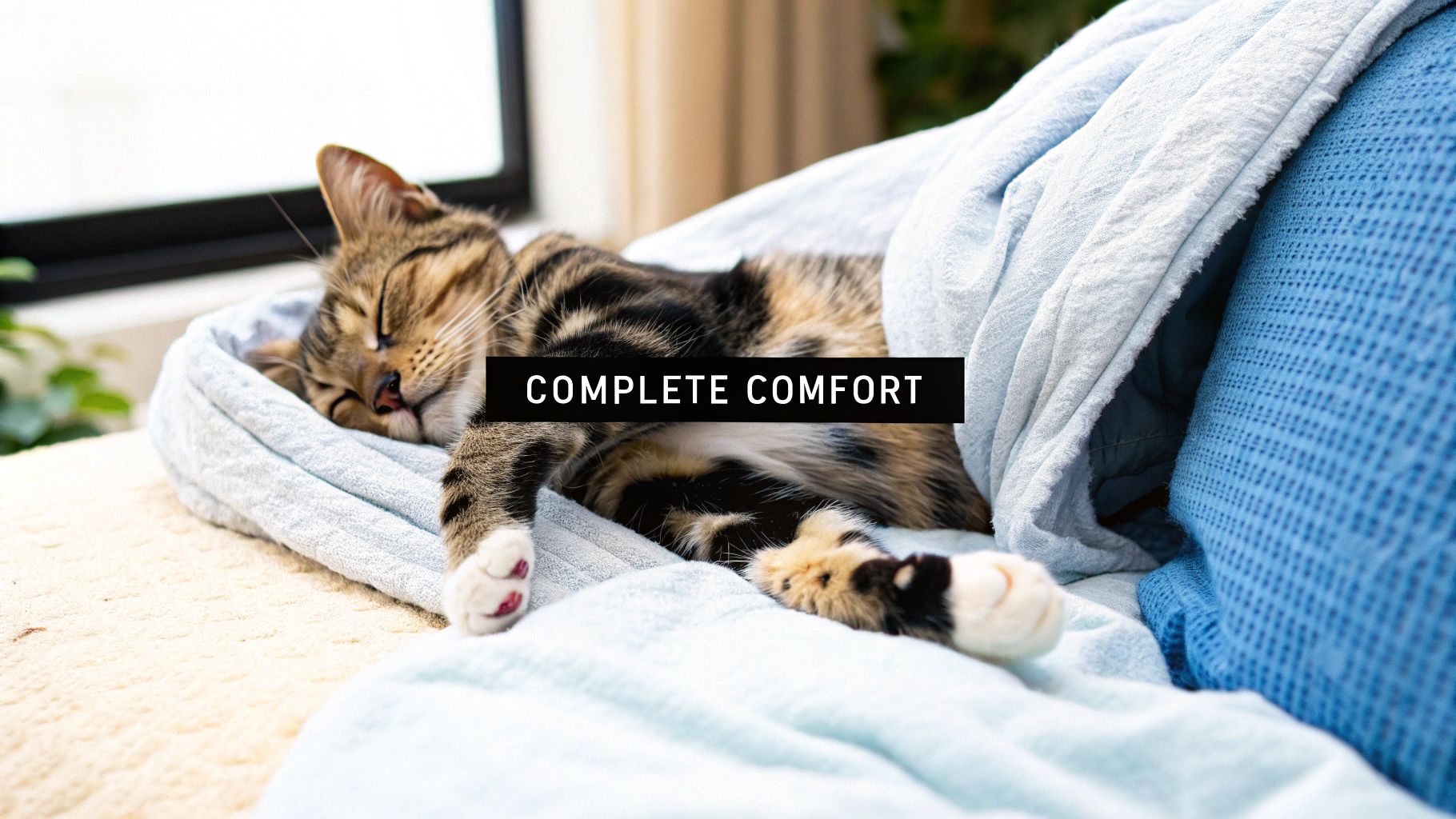 A relaxed cat sleeping on its side with legs extended.