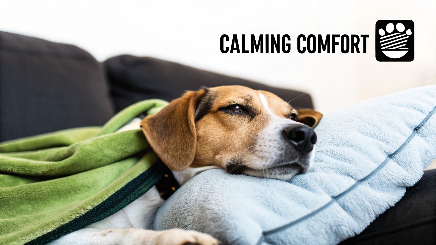 A dog comfortably snuggled under a textured, gray anxiety blanket.