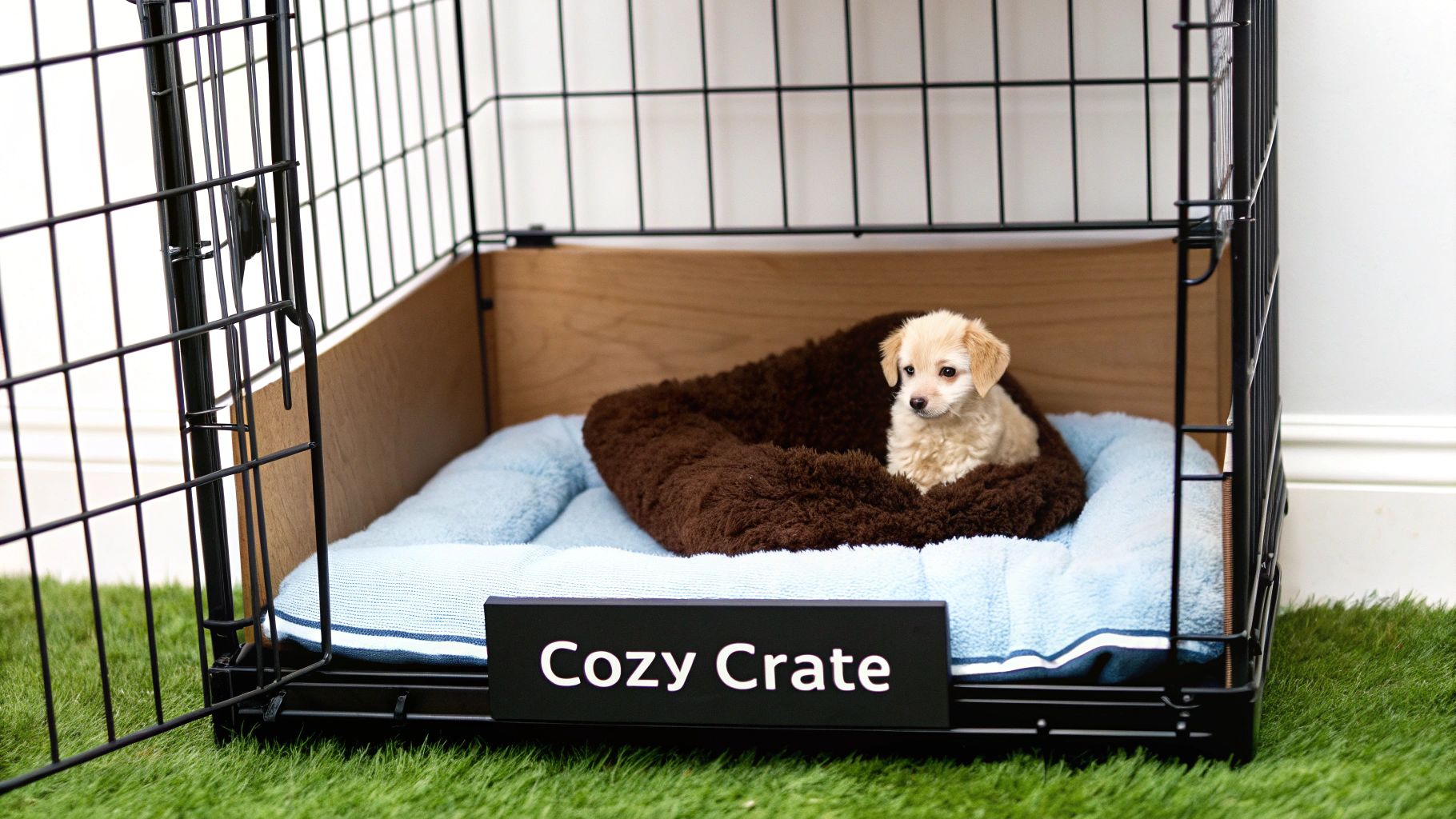 A cozy puppy crate with a comfortable bed, a blanket, and a chew toy inside, set up in a quiet corner of a room to illustrate a comfortable sleep environment.