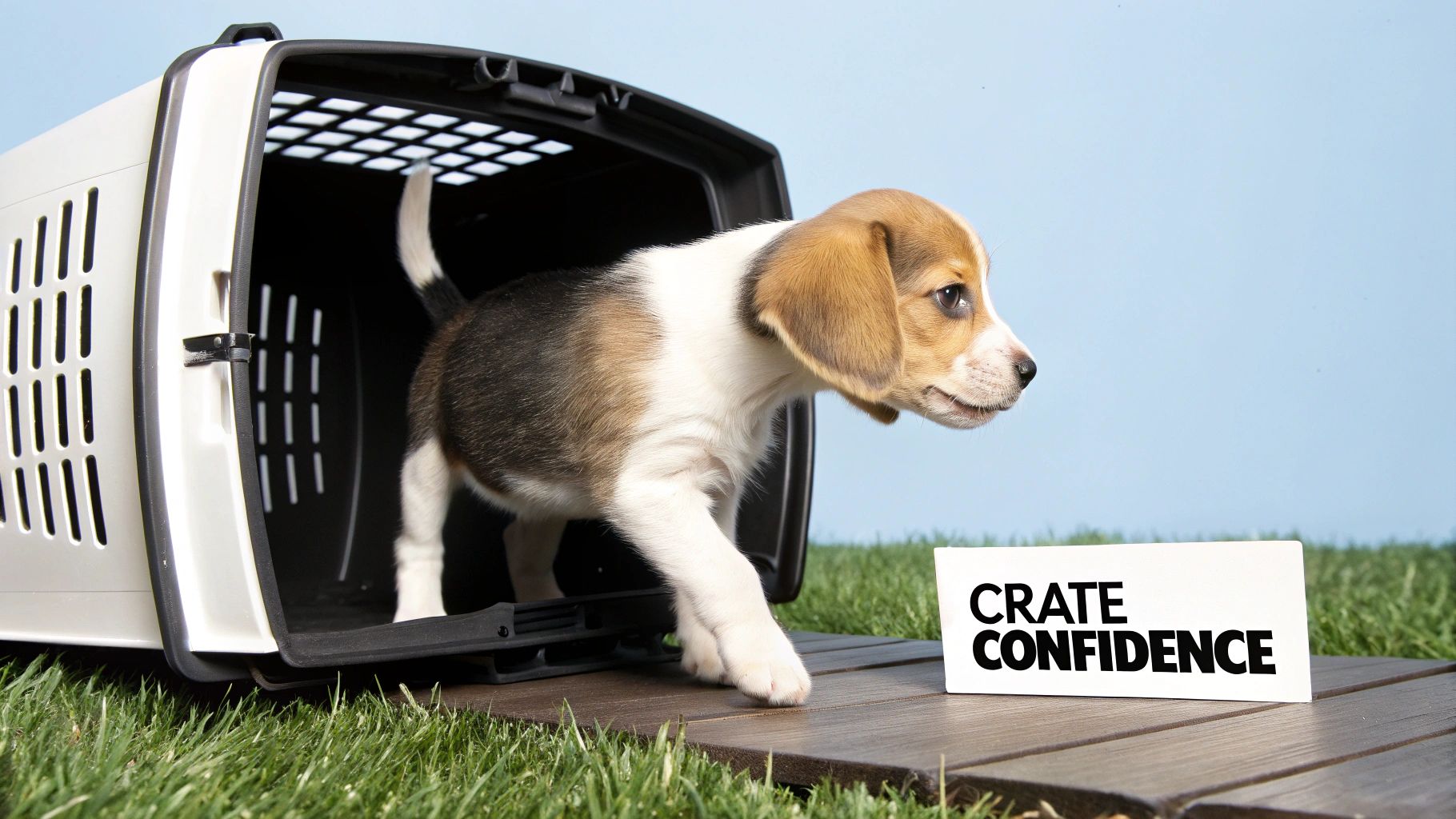 A happy golden retriever puppy sitting inside a wire crate with a comfortable bed, looking out contentedly, illustrating effective crate training.