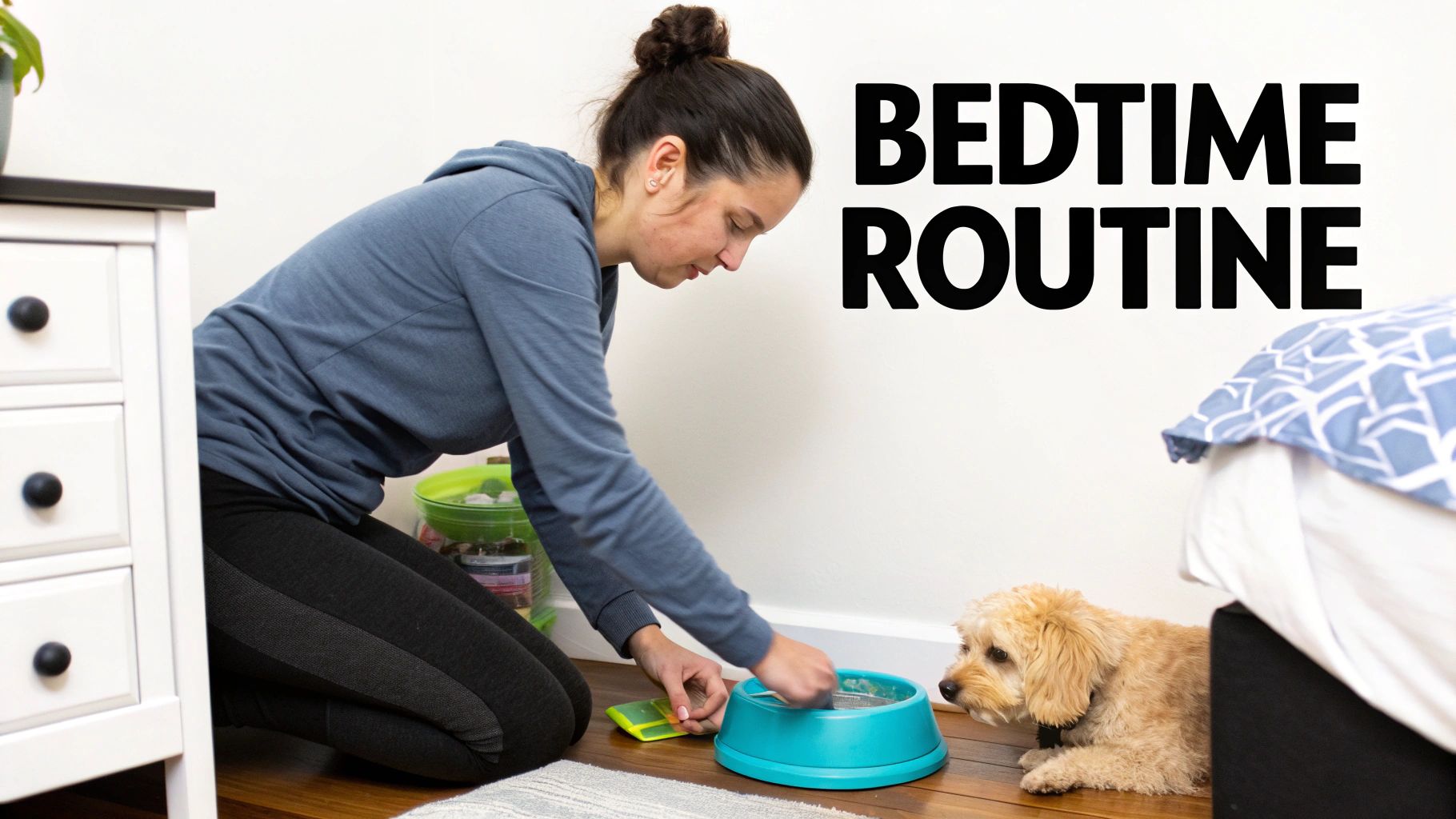 A person gently stroking a calm dog lying on a plush bed.
