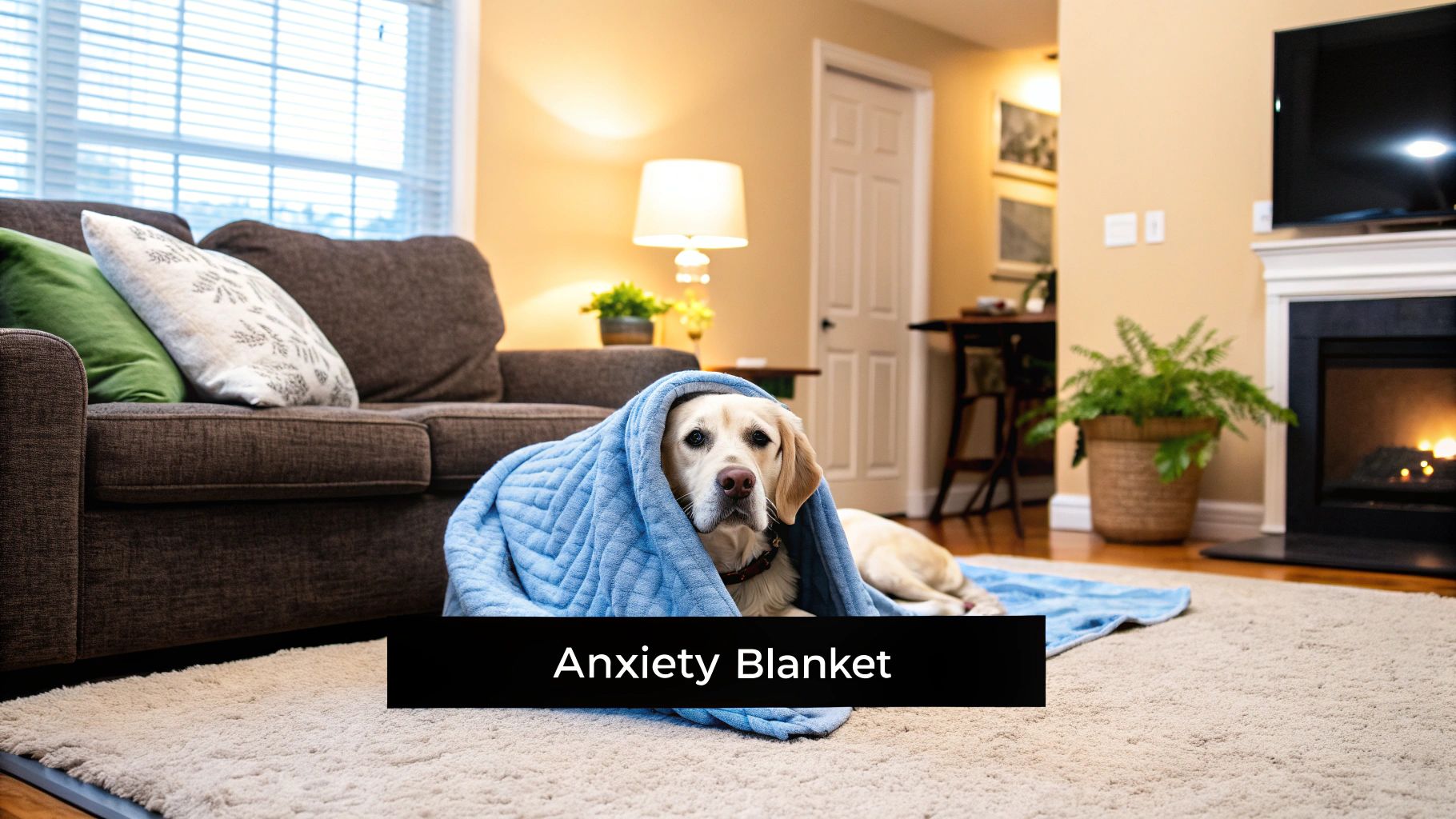 A sad-looking Golden Retriever rests its head on the floor, looking up with soulful eyes, conveying a sense of anxiety.