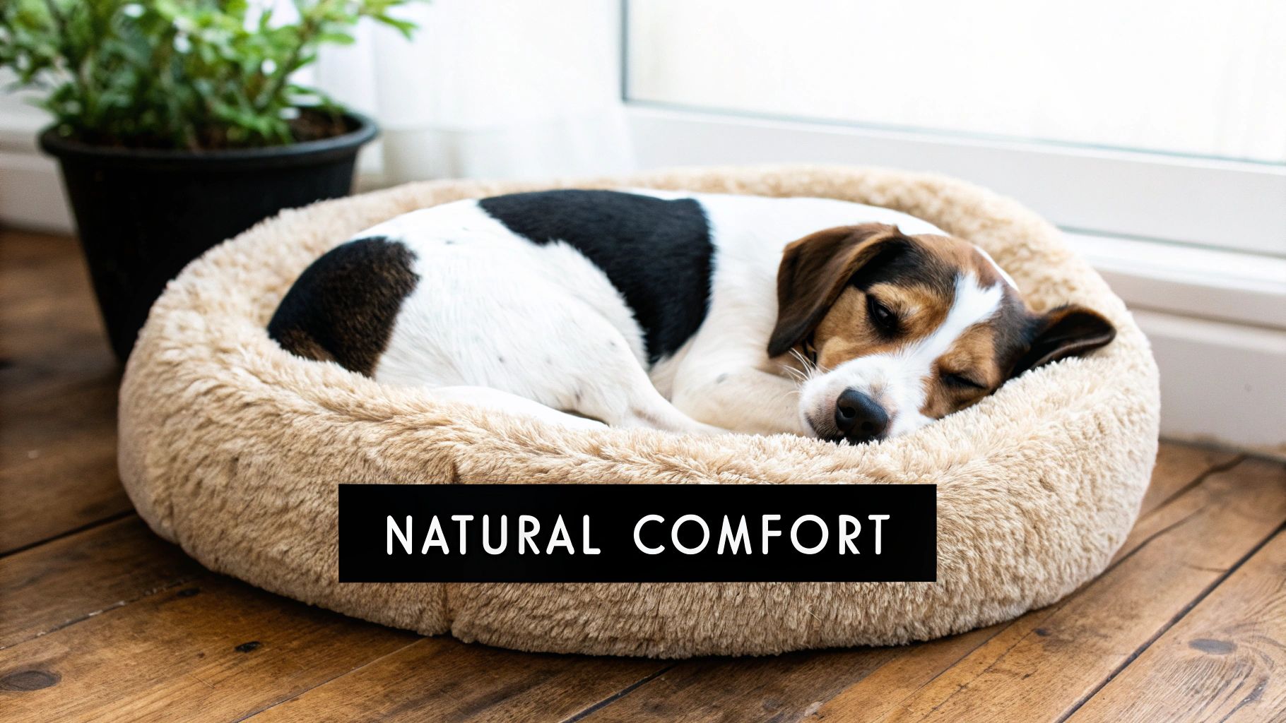 A happy dog resting comfortably on a plush, natural-colored dog bed.