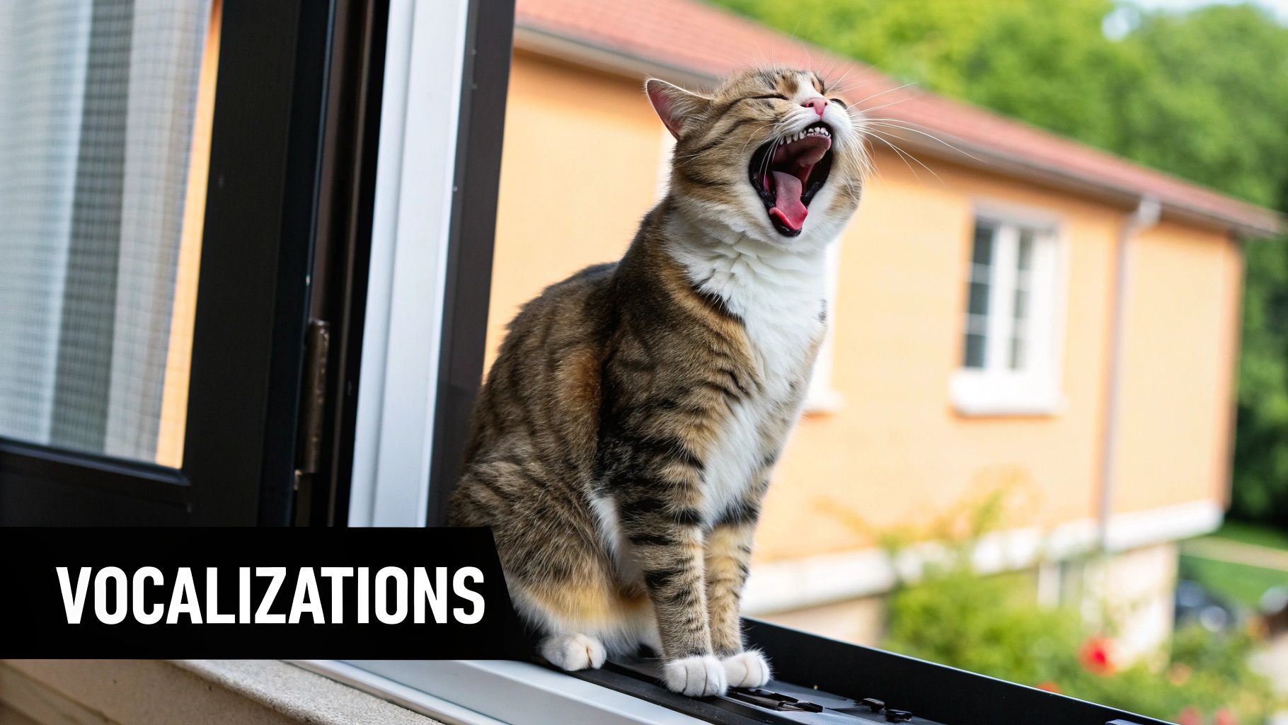 A cat meowing with its mouth open