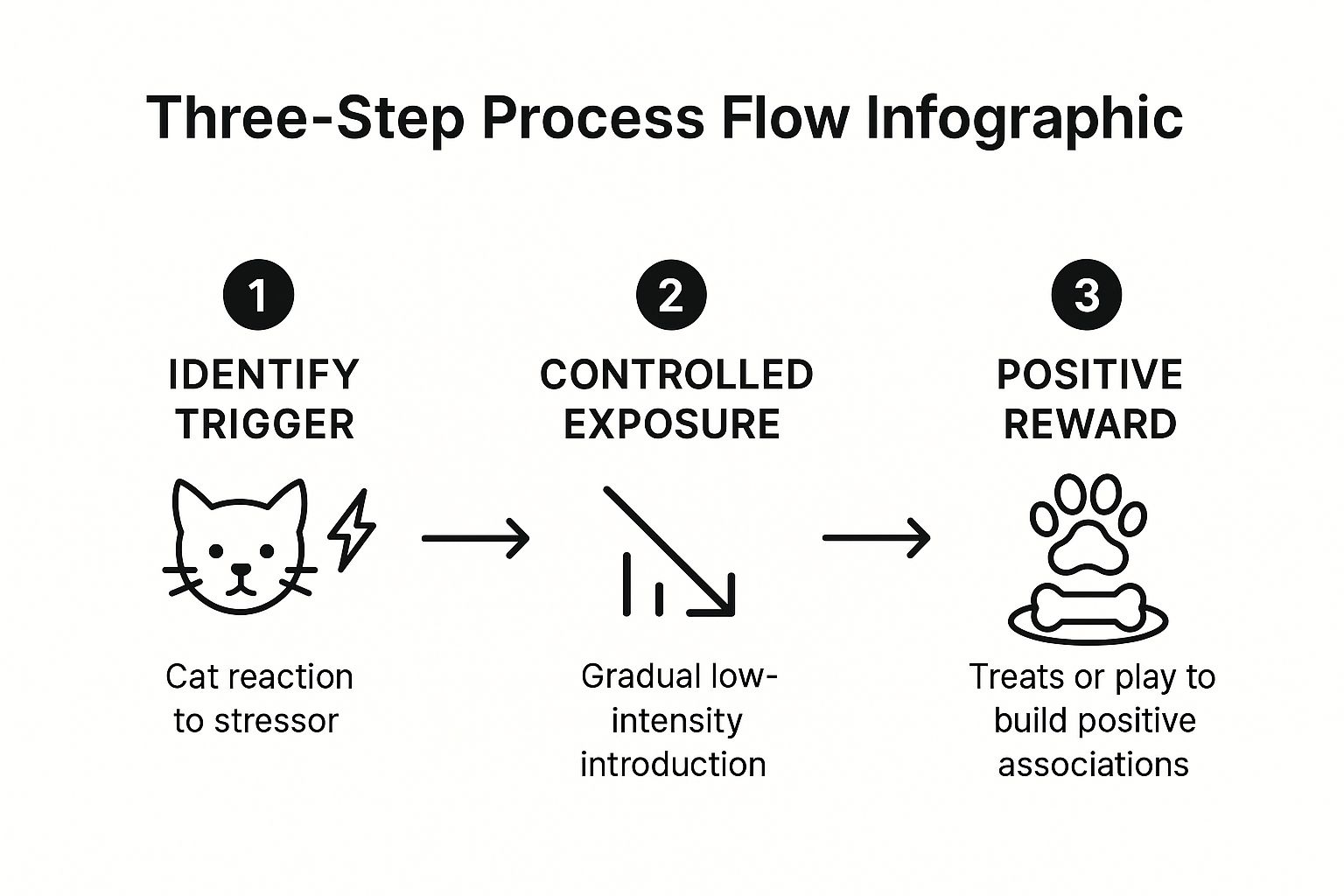 Infographic showing the three-step process of desensitization and counter-conditioning: identify trigger, controlled exposure, and positive reward.