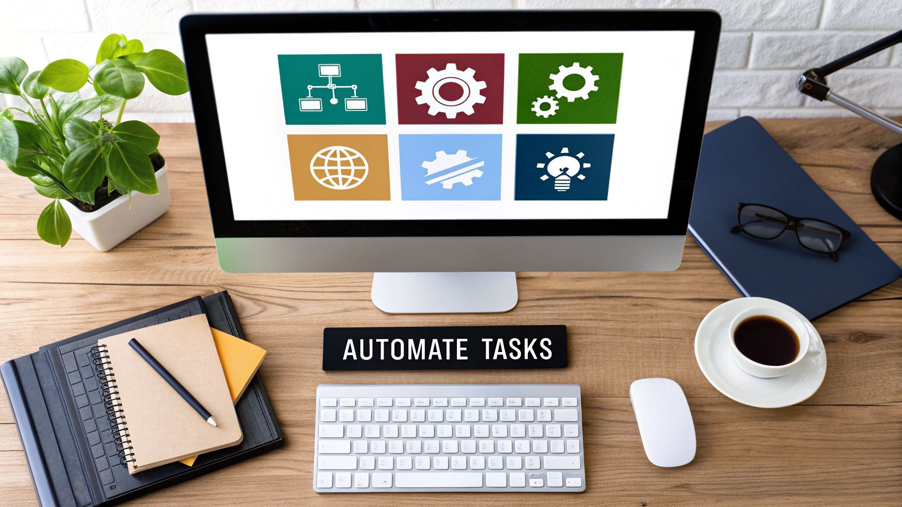 A person at a computer with various software icons floating around them, representing automation tools.