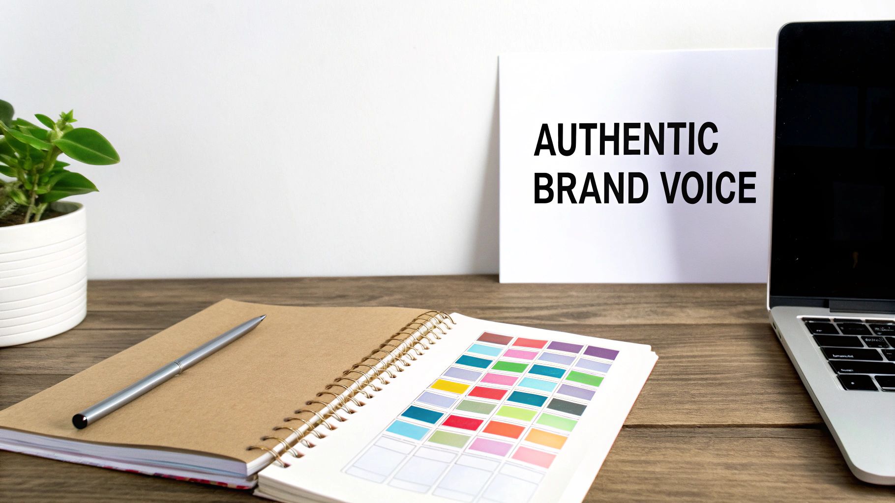 A creative workspace with notebooks, a color palette, a plant, and a sign reading 'AUTHENTIC BRAND VOICE'.
