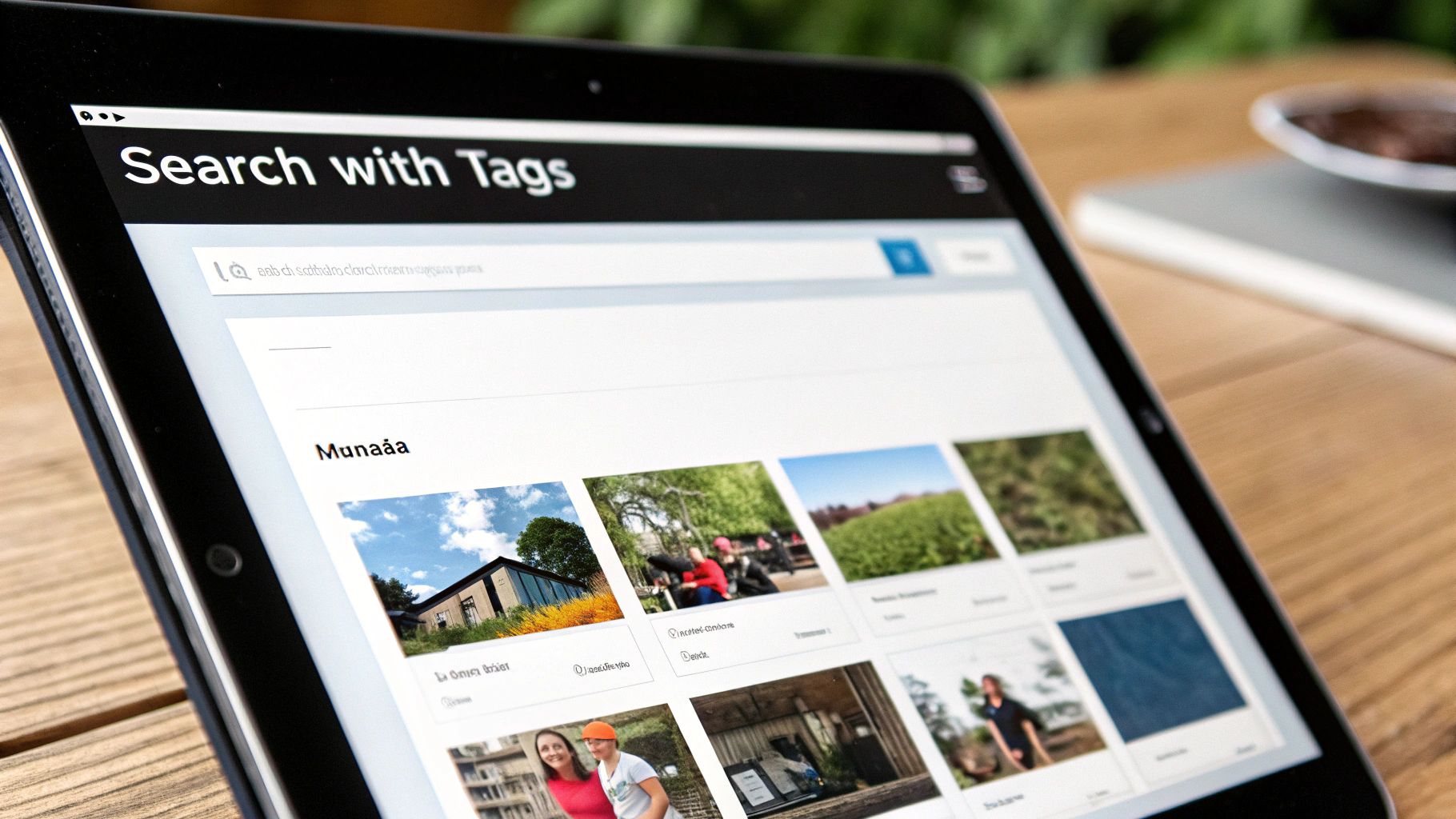 An image where a person is using a digital interface with floating tags and icons, visualizing the concept of adding metadata to digital files for easy searching.
