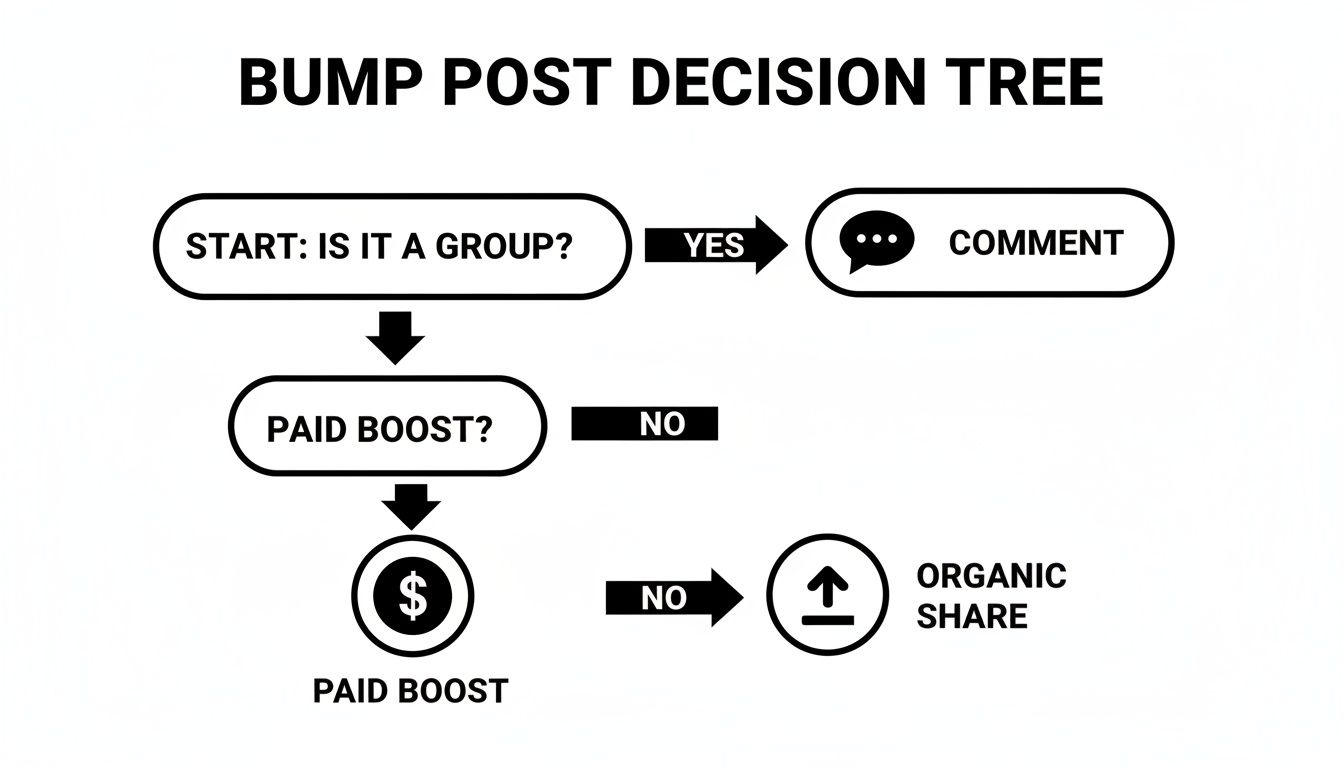 A flowchart illustrating a bump post decision tree with options for commenting, paid boosts, or organic sharing.