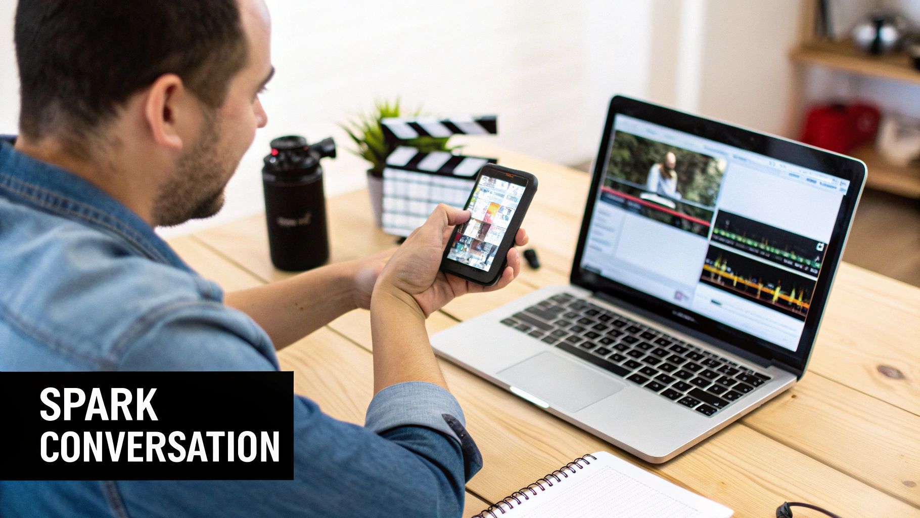 A man in a denim shirt editing video on a laptop while browsing images on his smartphone.