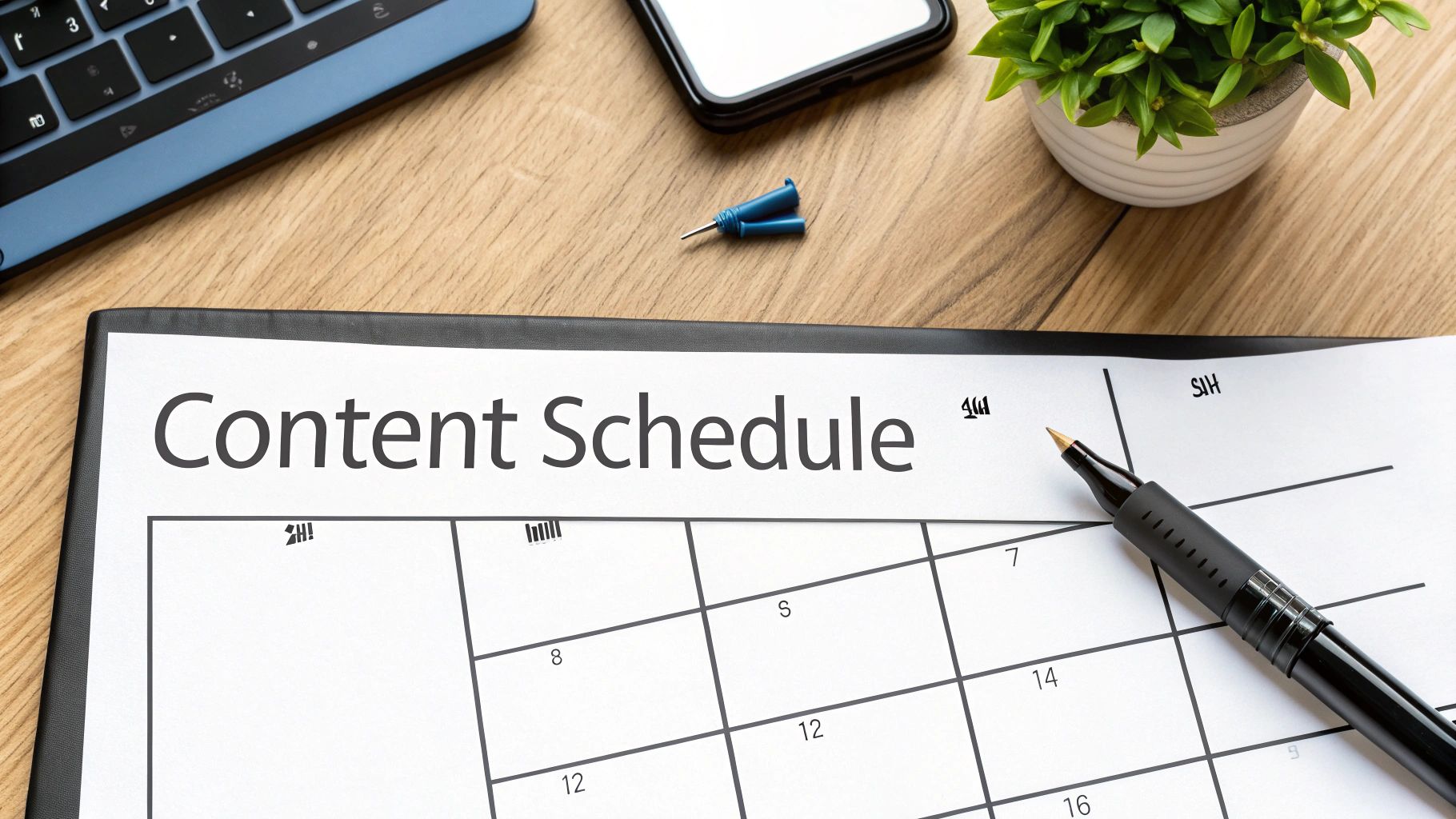 A close-up of a 'Content Schedule' document with a pen, laptop, smartphone, and plant on a wooden desk.