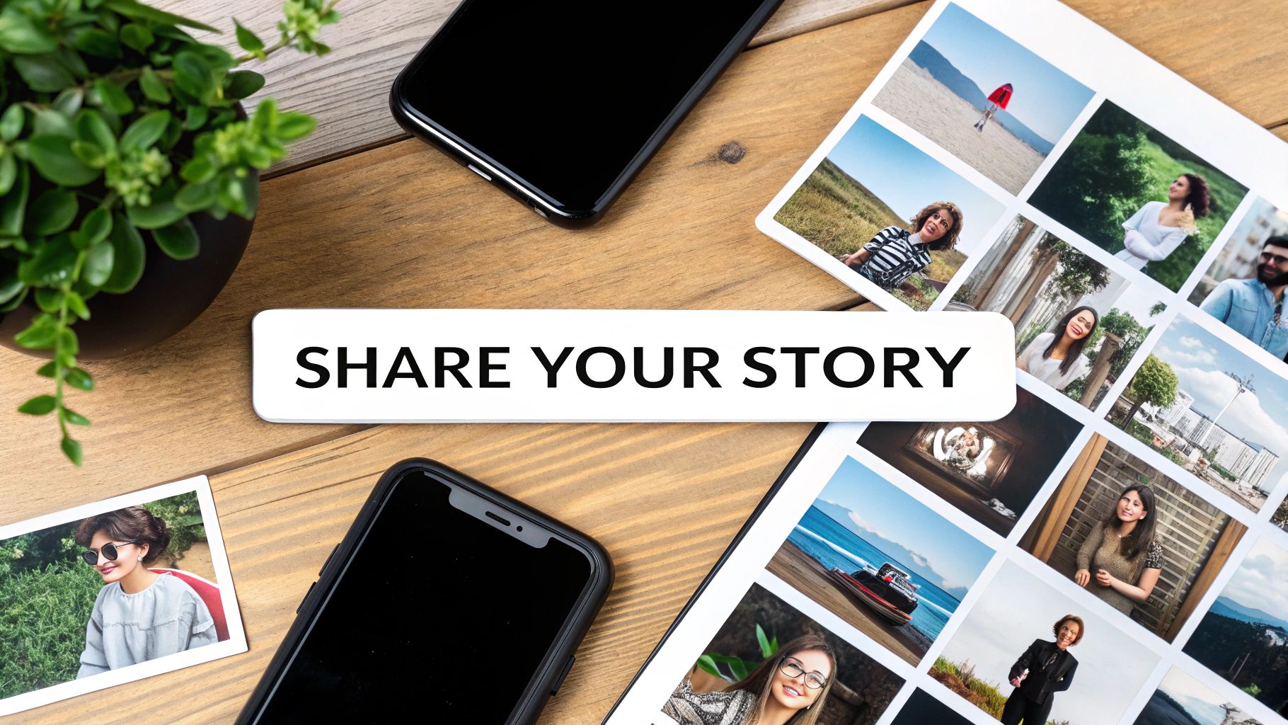 Overhead view of a wooden desk with smartphones, a plant, and many photos, featuring a 'SHARE YOUR STORY' sign.