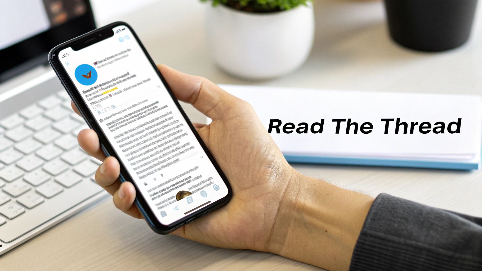 A person's hand holds a smartphone displaying a social media thread, next to a notebook saying "Read The Thread".