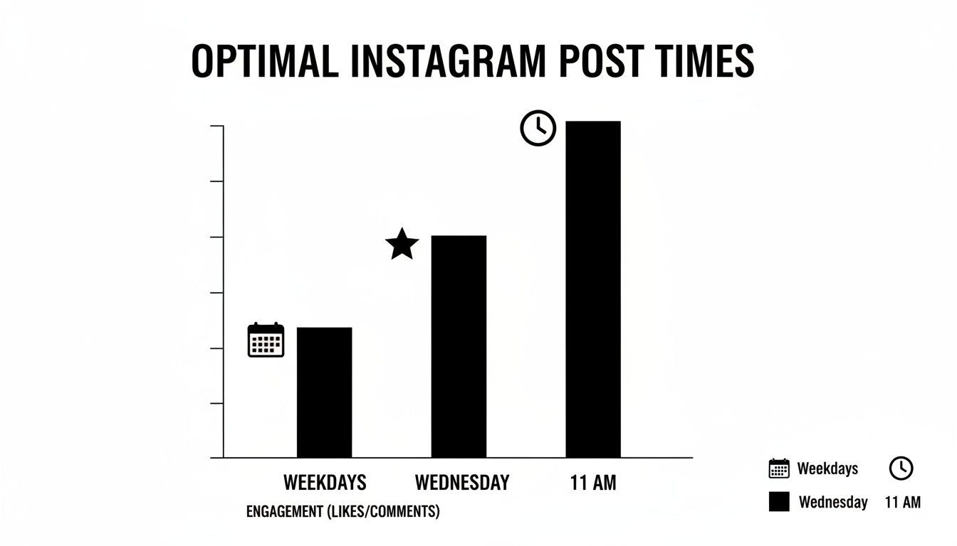 Bar chart illustrating optimal Instagram post times, showing engagement increasing from weekdays to Wednesday and highest at 11 AM.