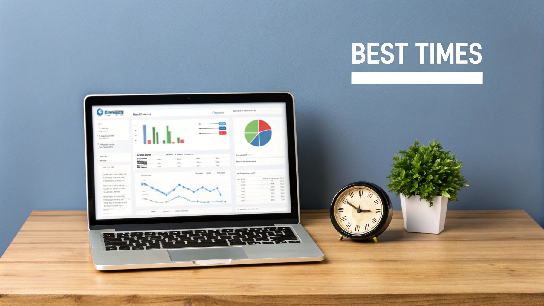 A laptop displaying business analytics charts on a wooden desk with an alarm clock and plant, against a blue wall.