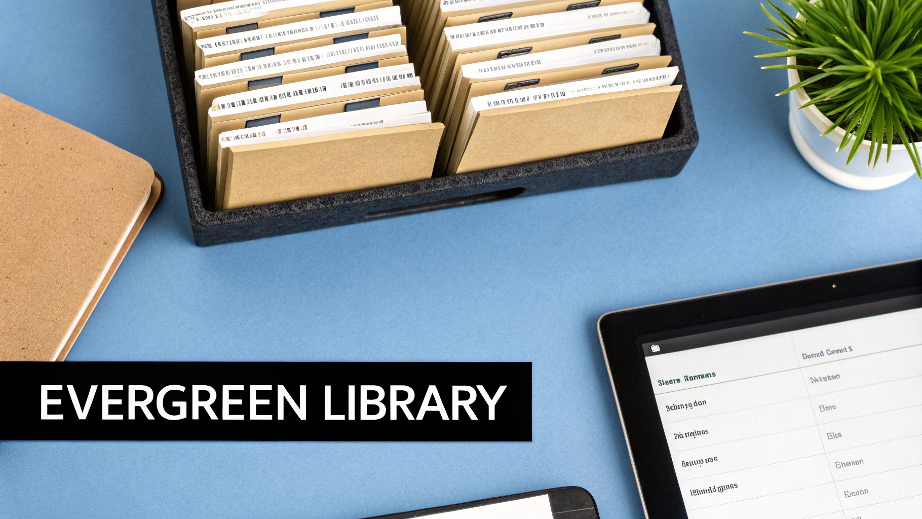 A hand points to a digital interface displaying a library of content with various posts.