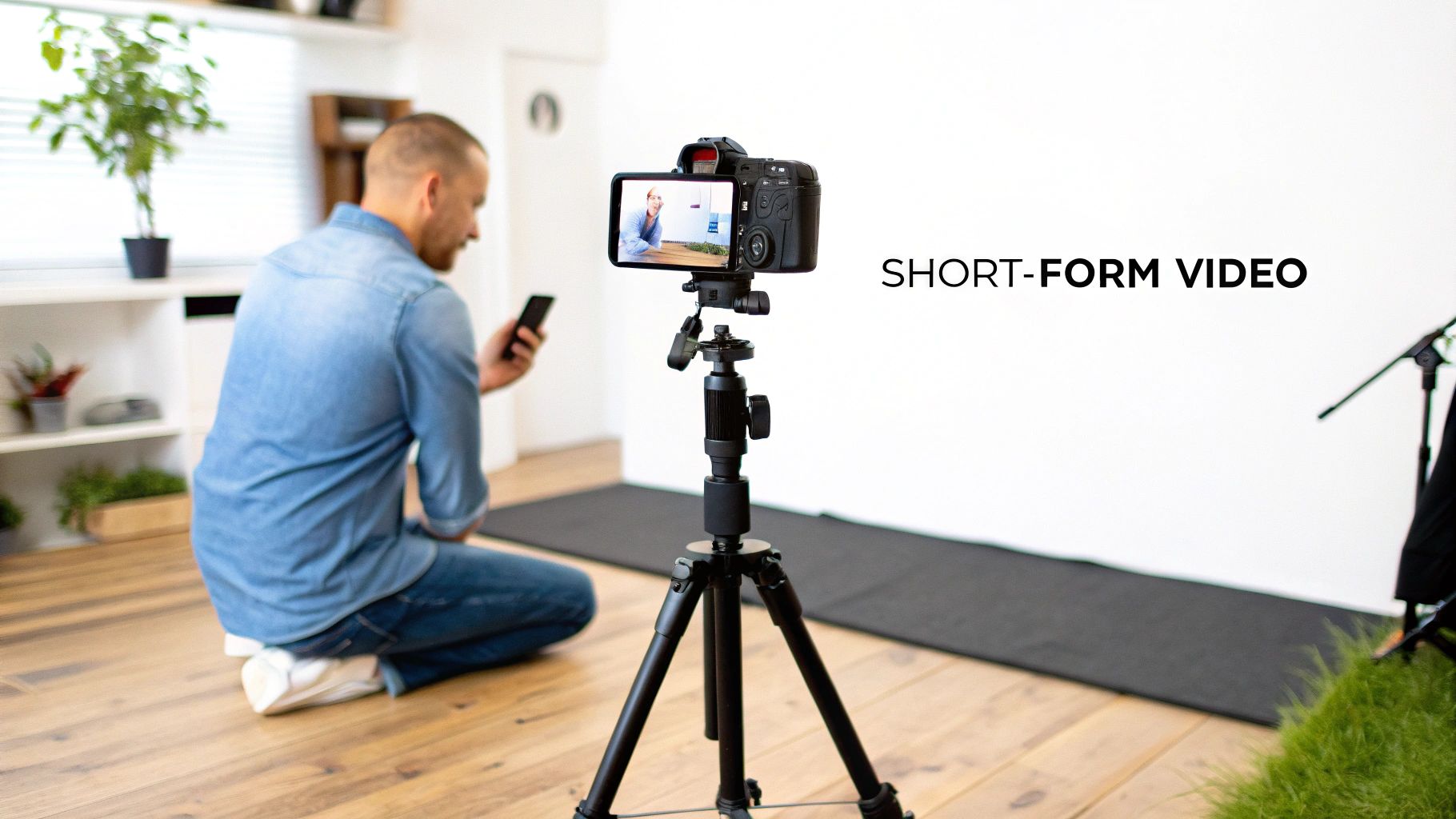 A content creator filming short-form video content with a camera on a tripod while checking his phone.