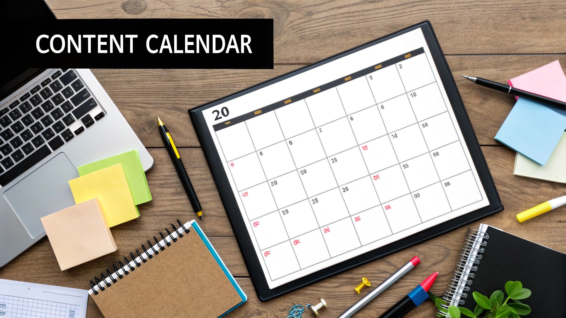 An image illustrating a person planning their social media content on a calendar.