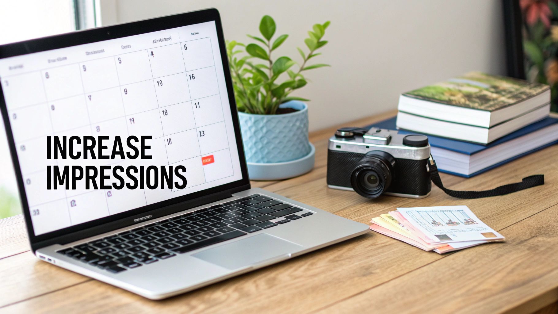 Laptop displaying 'INCREASE IMPRESSIONS' on a calendar, surrounded by a camera, plant, and books.