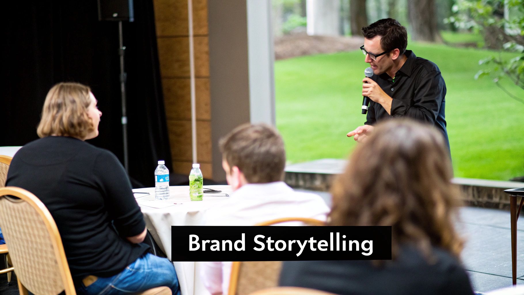 Image of a person telling a story to an engaged audience, symbolizing storytelling-based communication