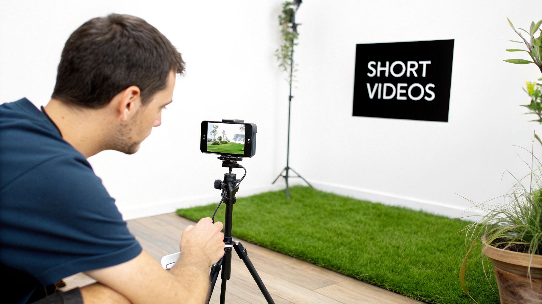 Man filming short-form video content with smartphone on tripod in studio setup