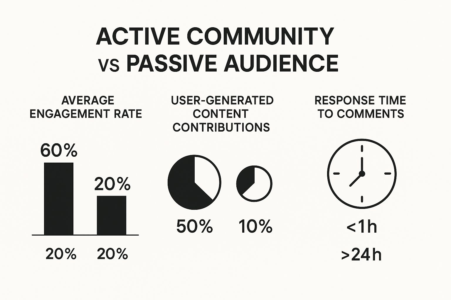 Infographic comparing the engagement metrics of an Active Community versus a Passive Audience, showing higher engagement rates, UGC, and faster response times for the community.