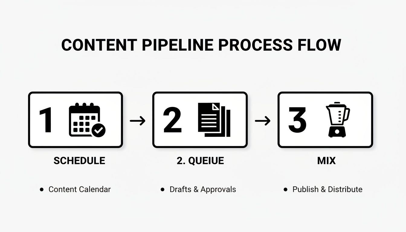 Process flow diagram for content pipeline outlining scheduling, queuing, and mixing stages.