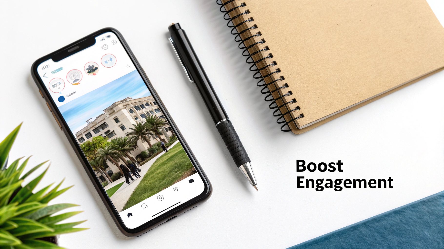Flat lay of a smartphone showing a social media app, with a pen, notebook, and 'Boost Engagement' text.